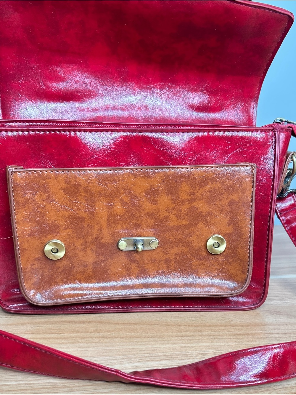 Red and Brown Purse Ecosusi Bag Faux Leather Rectangle Satchel with Buckles - Picture 7 of 16